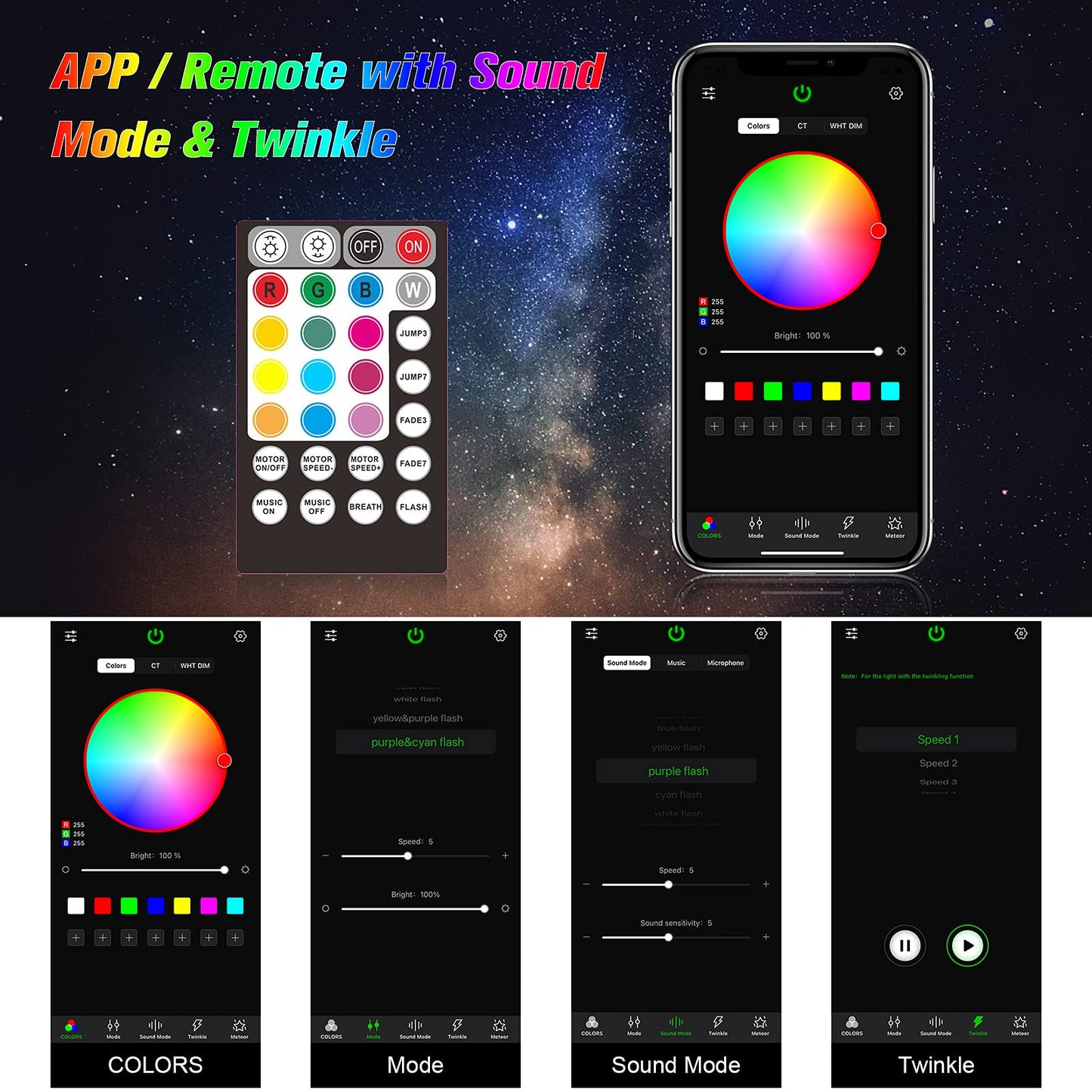 CHINLY Twinkle 400pcs 9.8ft 0.03in Starlight Headliner Fiber Optic Lights kit, Music Mode Bluetooth APP Control Remote, RGBW Star roof Lights for Star Headliner/Home Theater/Pool Ceiling