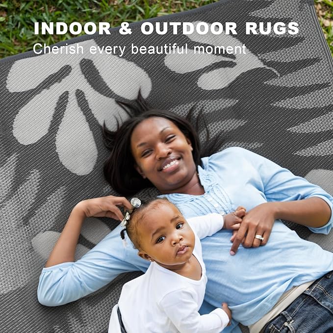 wikiwiki Outdoor Rug, 9x12ft Waterproof Reversible Mat Indoor Outdoor Rugs Carpet, Small Area Rug Plastic Straw Rug for Patio Deck Balcony Pool RV Camping Beach Picnic, Grey Leaves, Rugscape Series