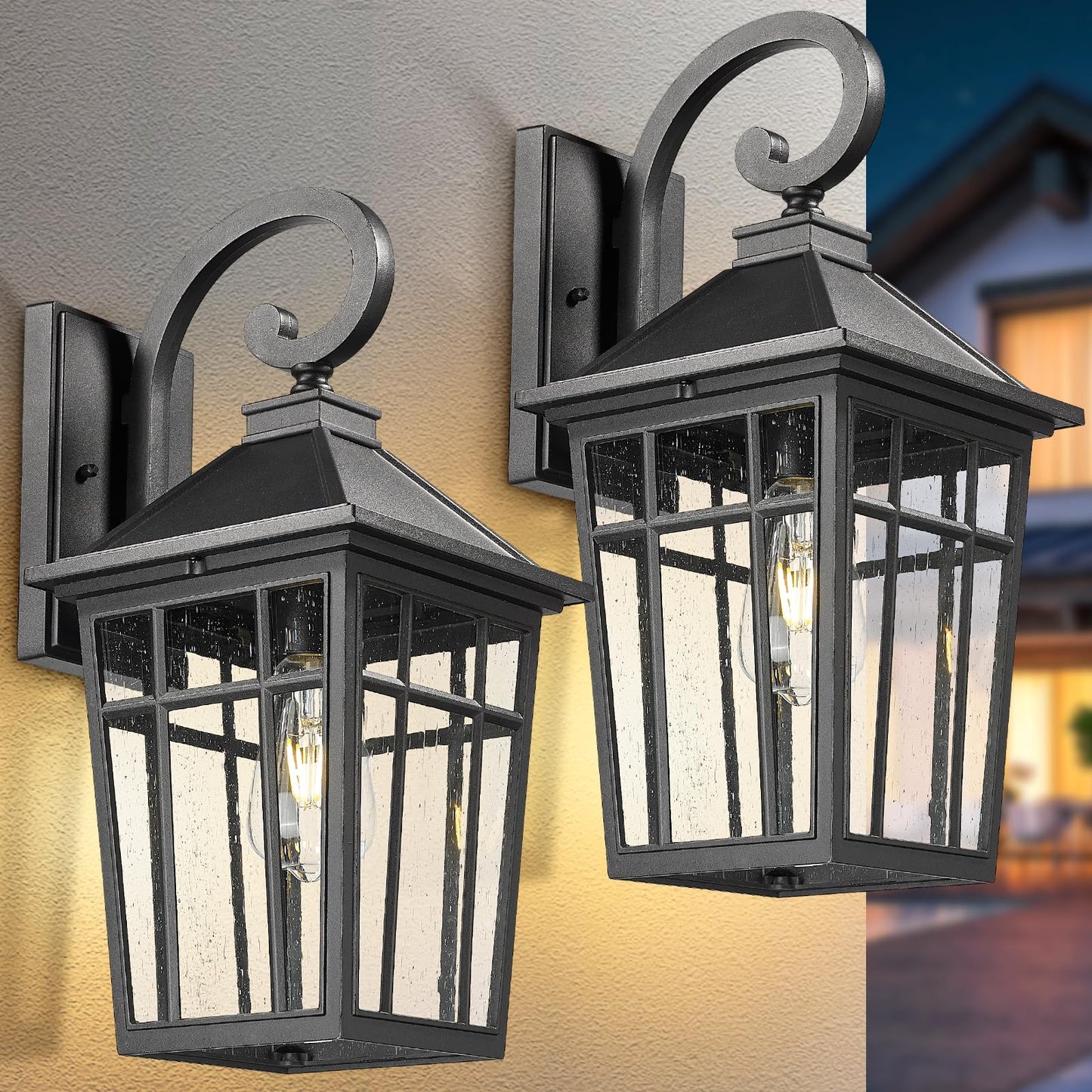 Darkaway Large Outdoor Wall Lights For House  18Inch Exterior Lighting Fixtures 2Pcs Wall Mount Outdoor Porch Lights Black Outdoor Sconce Lights With Seeded Glass For Hallway Garage