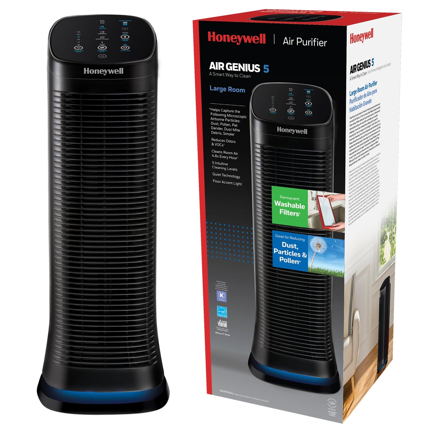 Honeywell Air Genius 5 Air Purifier For Large Rooms Up To 1200 Ft, Permanent Washable Filters, Reduces Dust, Pollen, Pet Dander,