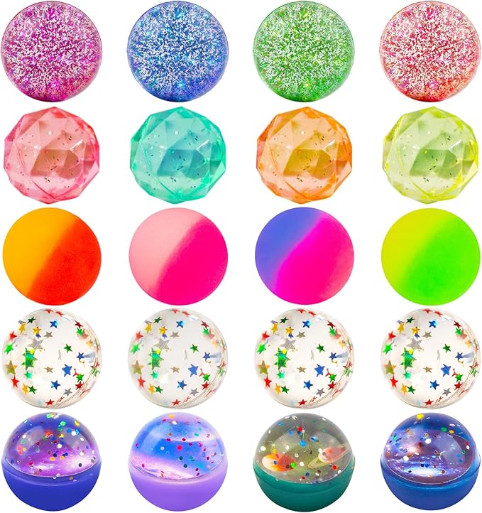 Ohanniewa Bouncy Balls for Kids 20 Pieces 5 Styles 32mm Assorted Bouncy Balls with Storage Bag for Birthday Party Favors
