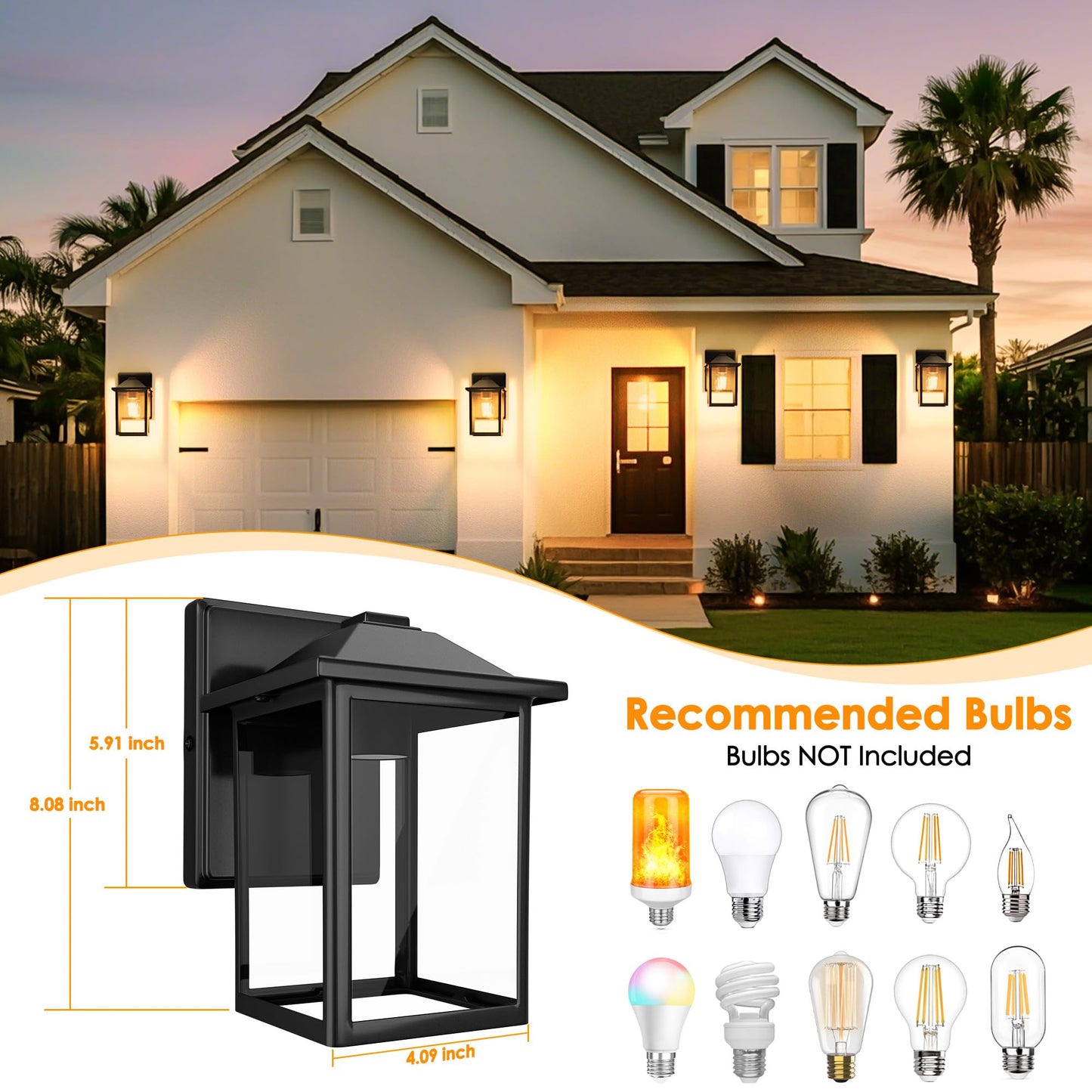 Matameye Outdoor Wall Lantern  Exterior Waterproof Wall Sconce Light Fixture  Black Front Door Mounted Lighting With Clear Glass  Anti-Rust Porch Lamp