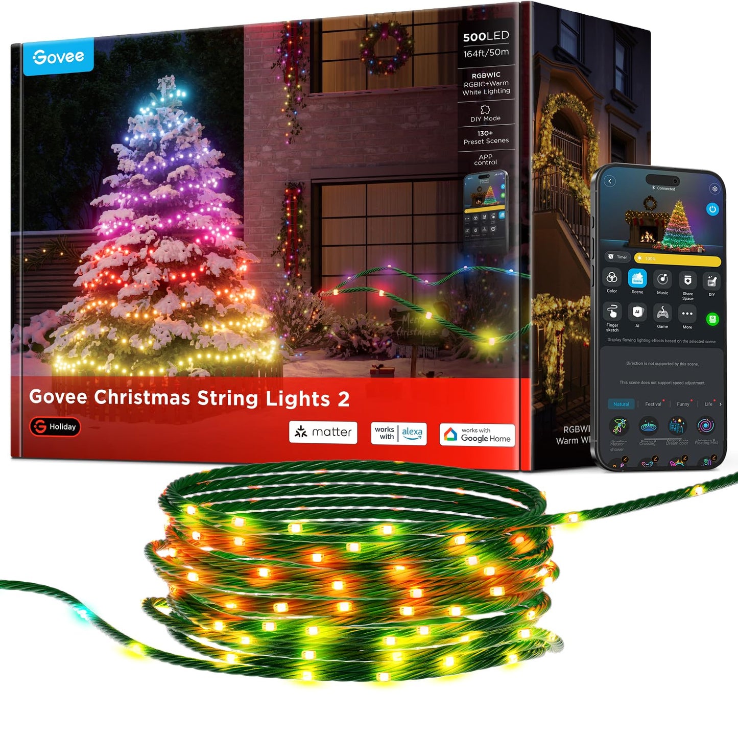 Govee Rgbwic 164Ft Christmas String Lights, 500 Leds, Smart App Control, Green Wire, Indoor/Outdoor Holiday Decor, Model H70C7
