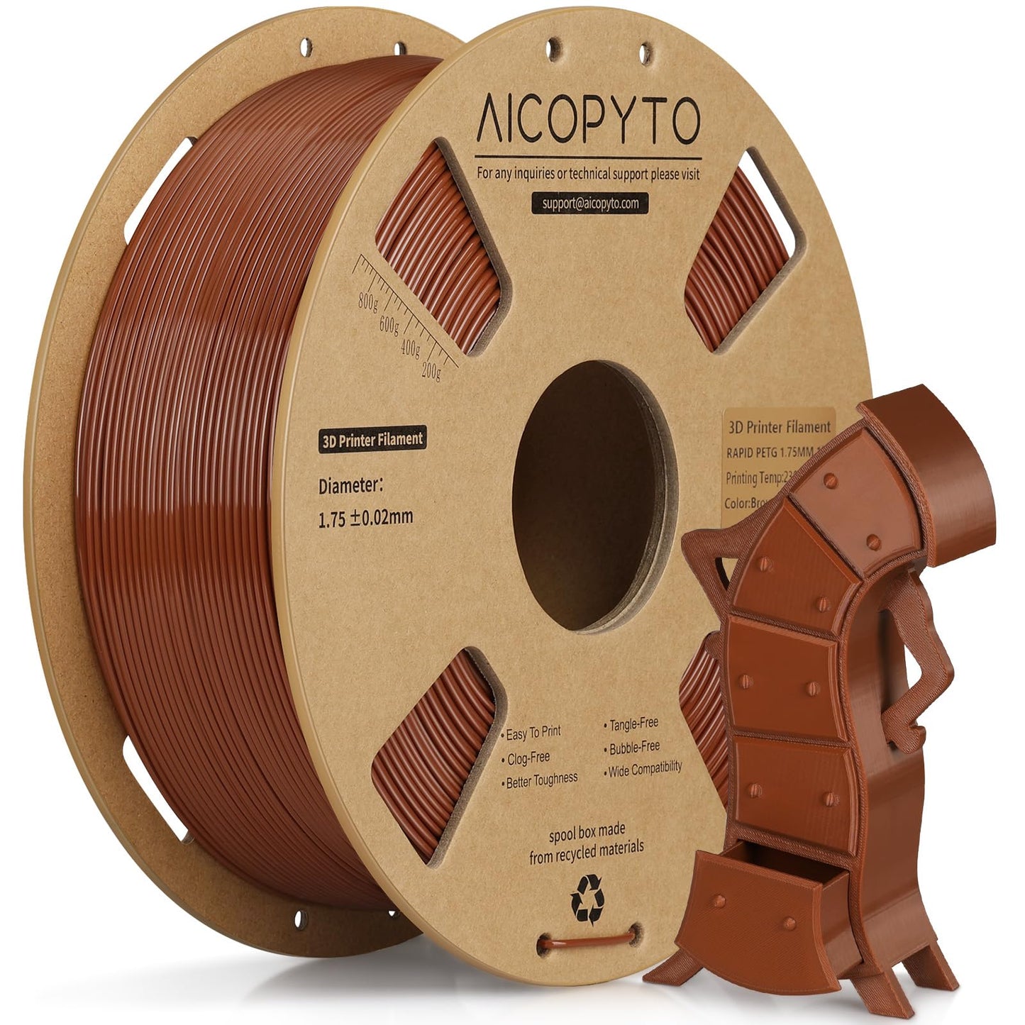 AICOPYTO PETG Filament 1KG Brown, High Speed 30-600mm/s 3D Printer Filament Rapid PETG 1.75mm Dimensional Accuracy +/- 0.02mm, 1