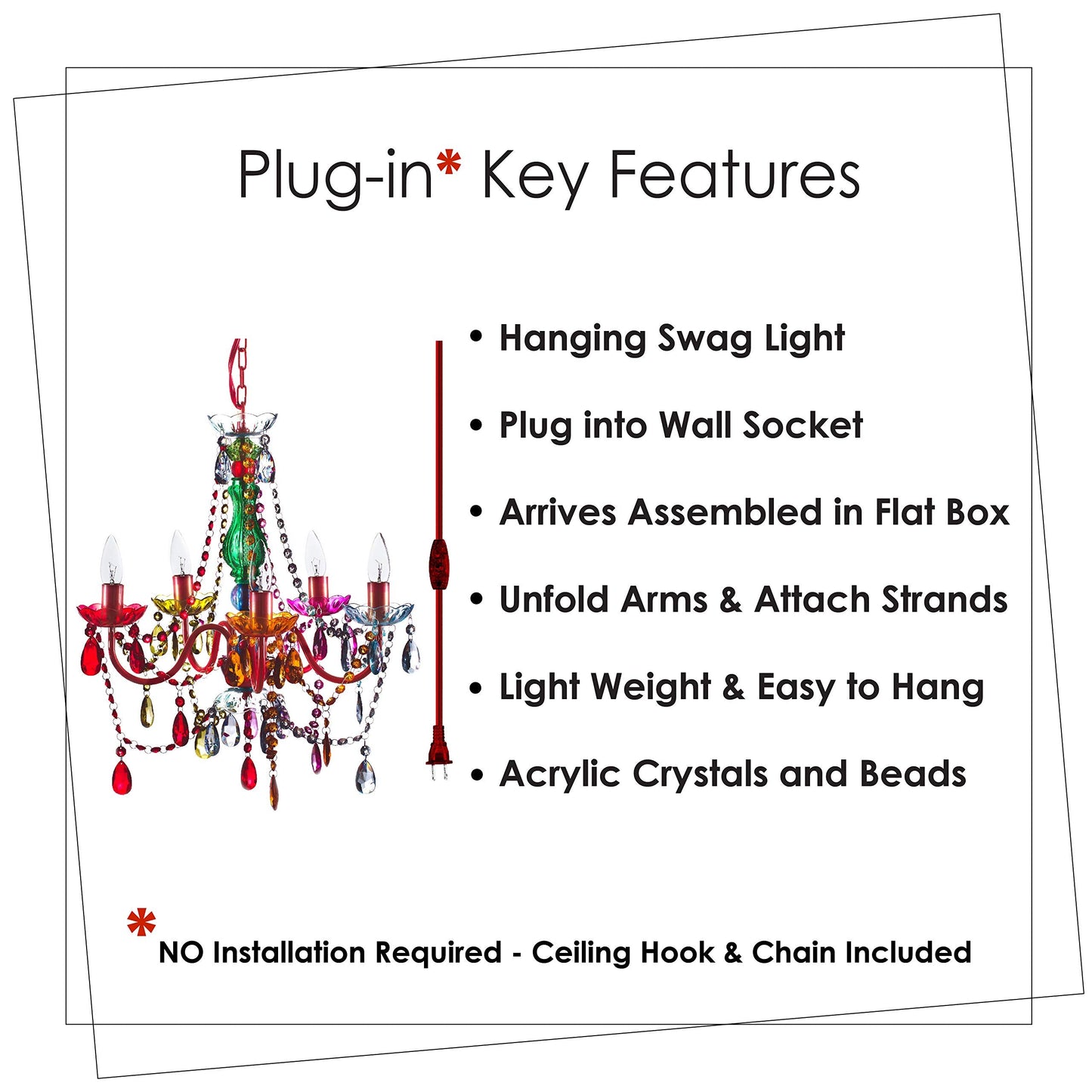 Gypsy Color 6 Light Multicolor Plug-In Chandelier, Red Metal Frame, Glass Stem, Acrylic Crystals, H26”Xw22”, Model Gylgmcp