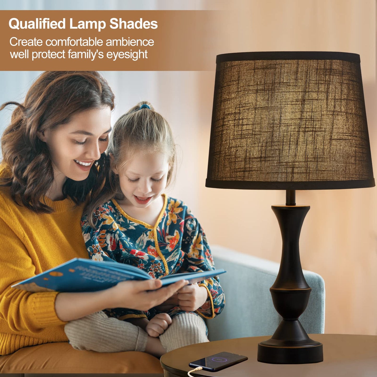 Luvkczc Black Fabric Drum Lampshades Set Of 2, 13 Top X 11 Bottom X 10 High, Includes Harp Holder, Model L-31005
