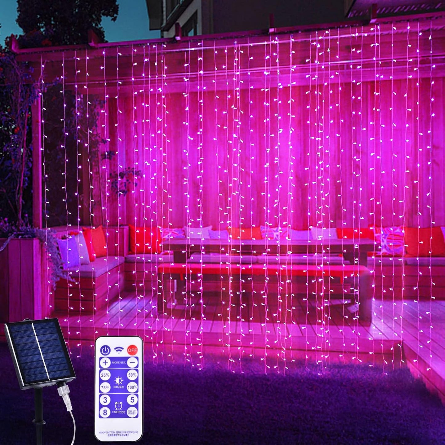 Xinxianlian 300Led Solar Curtain Lights, Waterproof Pink Twinkle Lights For Indoor/Outdoor Use, 8 Modes, Perfect For Home & Garden Decor
