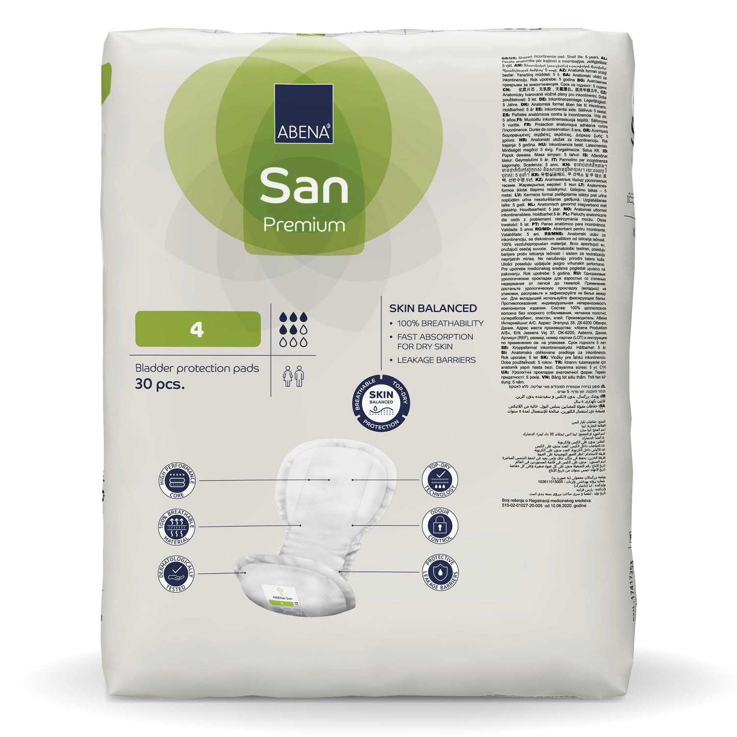 Abena San Premium Incontinence Pads, Moderate Absorbency, (Sizes 4 to 7), Size 4, 30 Count