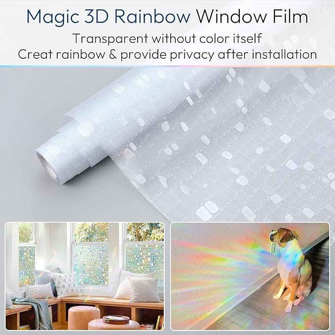 rabbitgoo Window Privacy Film Rainbow Window Film, Mosaic Decorative Stained Glass Cling, Removable Static Cling Tint UV Blocking, Non-Adhesive Privacy Covering, 35.4 x 157.4 inches