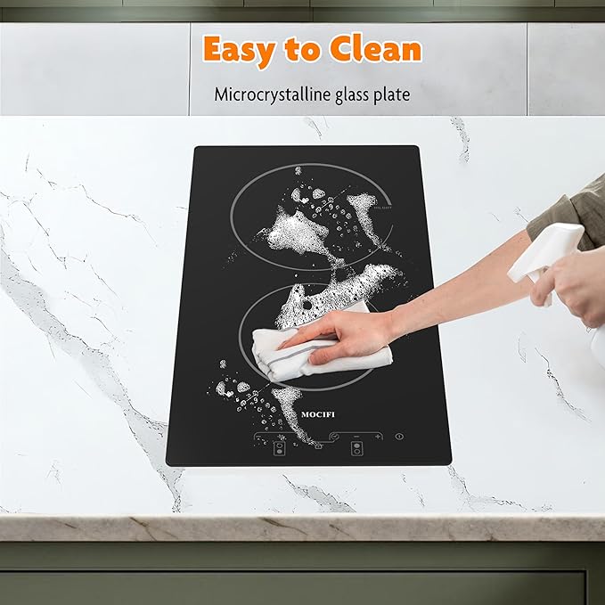 12" Ceramic Cooktop with 120V Plug, Electric Cooktop 1700W 2-Burner, Touch Control with Timer & Child Lock, Built-in or Countertop