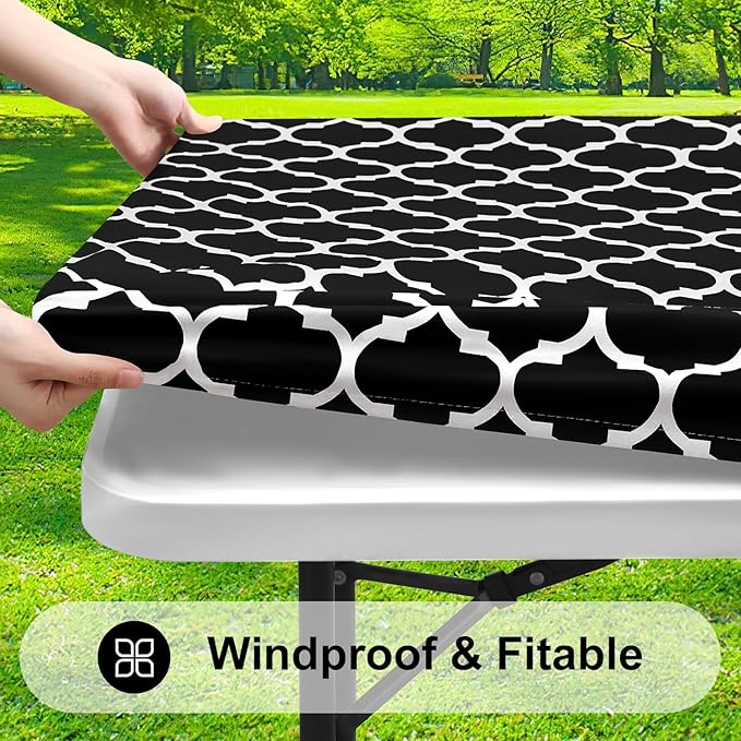 Smiry Rectangle Picnic Table Cover, Waterproof Elastic Fitted Camping Tablecloths for 8 Foot Tables, Wipeable Flannel Backed Vinyl Tablecloth Protector for Indoor, Outdoor (Black, 36x96 Inches)