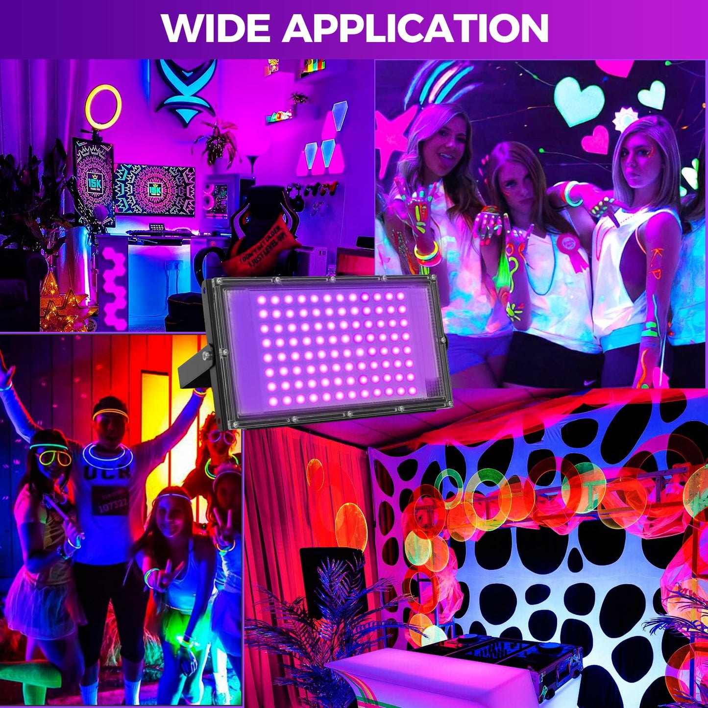 100W LED Black Lights for Glow Party - Waygor UV Blacklight Floodlight 395nm BlackLights Spotlight Purple Black Light Flood Light Fluorescent UV Lights Lamp for Halloween Decor (4 Pack)