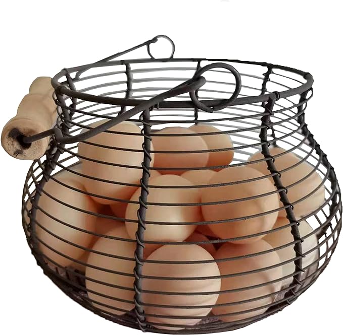 LINCOUNTRY. Farmhouse Wire Egg Baskets for Gathering Fresh Egg With Handle, Round Metal Chicken Basket Collecting Fresh Egg Holder, Vintage Style for Countertop Kitchen