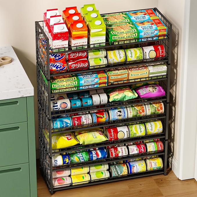2-Tier Stackable Can Rack Organizer for Pantry Shelf, Adjustable Extra-Long Can Holder for Kitchen Organization Storage, Heavy Duty Can Dispenser for Canned Soup Food Goods Storage up to 64, Black