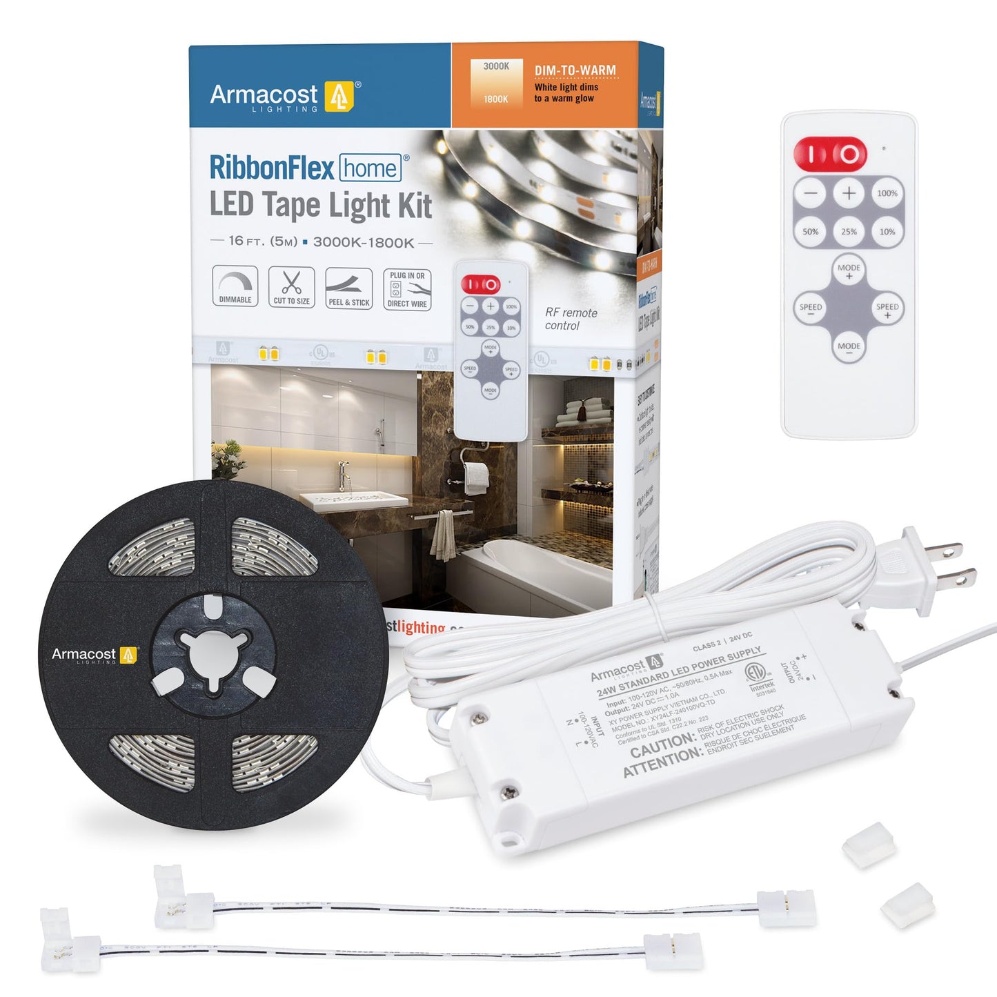 Armacost Lighting Led Tape Light Kit, 16 Ft, Dim-To-Warm, White, Model 421503, Remote Included