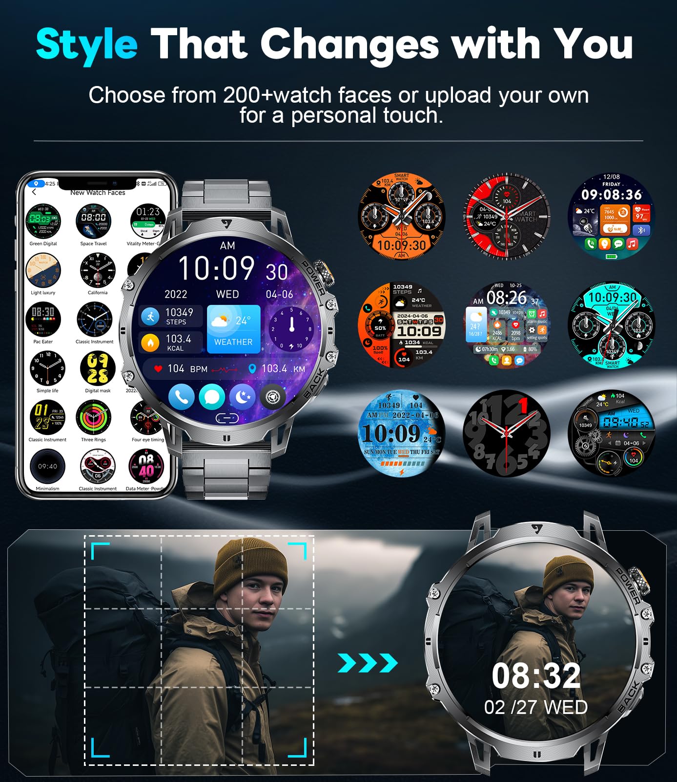 Smart Watches for Men with Bluetooth Calling,1.85" HD Display Rugged Military Fitness Tracker with Heart Rate Monitor Built-in LED Flashlight 110+ Sports Modes IP68 Waterproof for Android iOS Black