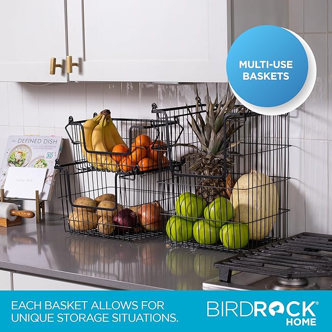 BIRDROCK HOME 3pc Stackable Wire Storage Bins - Fruit Vegetable Organizer - Modern Farmhouse - Pantry Cabinet - Metal Bin for Kitchen Countertop - Bathroom Storage - Black