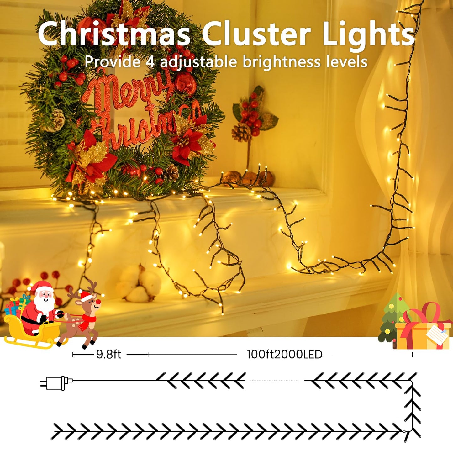 100Ft 2000 Led Cluster Christmas Lights  Christmas Tree Lights Outdoor Indoor With 8 Modes & Timer & Remote  Fire ers String Lights Waterproof For Garland Party Xmas Decorations  Warm White