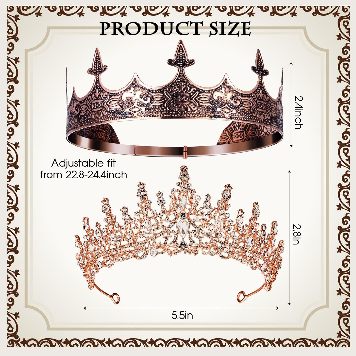 Sureio 2 Pcs King and Queen Crowns Set Antique Baroque Royalty Tiaras Costume Accessories for Halloween Couple Cosplay, Birthday