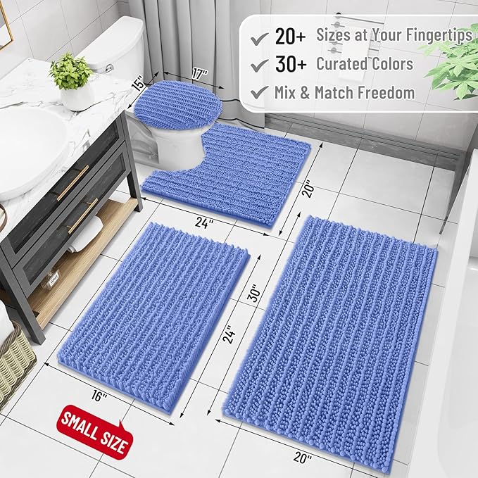 Arotive Luxury Chenille Bathroom Rug Mat, Extra Soft Thick Absorbent Shaggy Bath Rugs, Non-Slip Machine Wash Dry, Plush Bath Mats for Bathroom, Shower and Tub, 47x24, Cornflower Blue