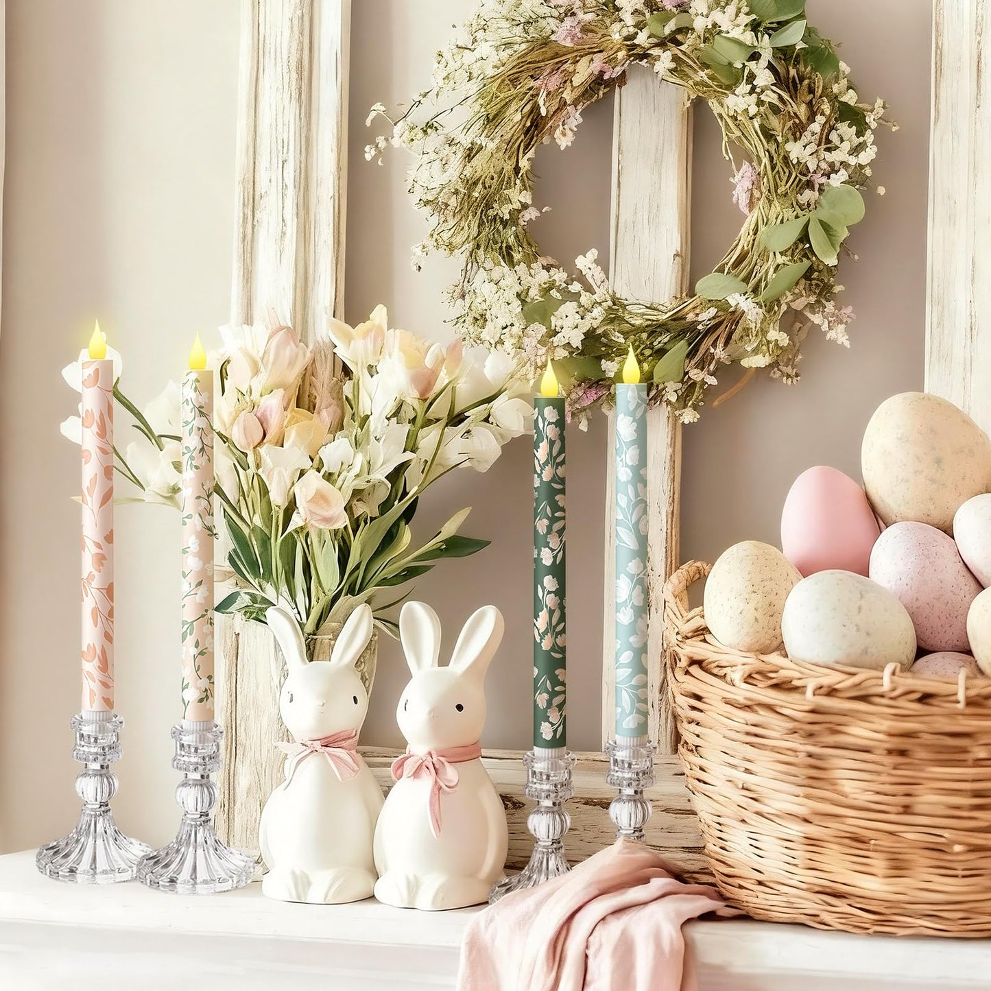 Honoson 6 Pcs Easter Flameless Taper Candles 10.6 Inch Spring Flower Candles Battery Operated LED Candlesticks for Easter Dinner Table Home Party Decor