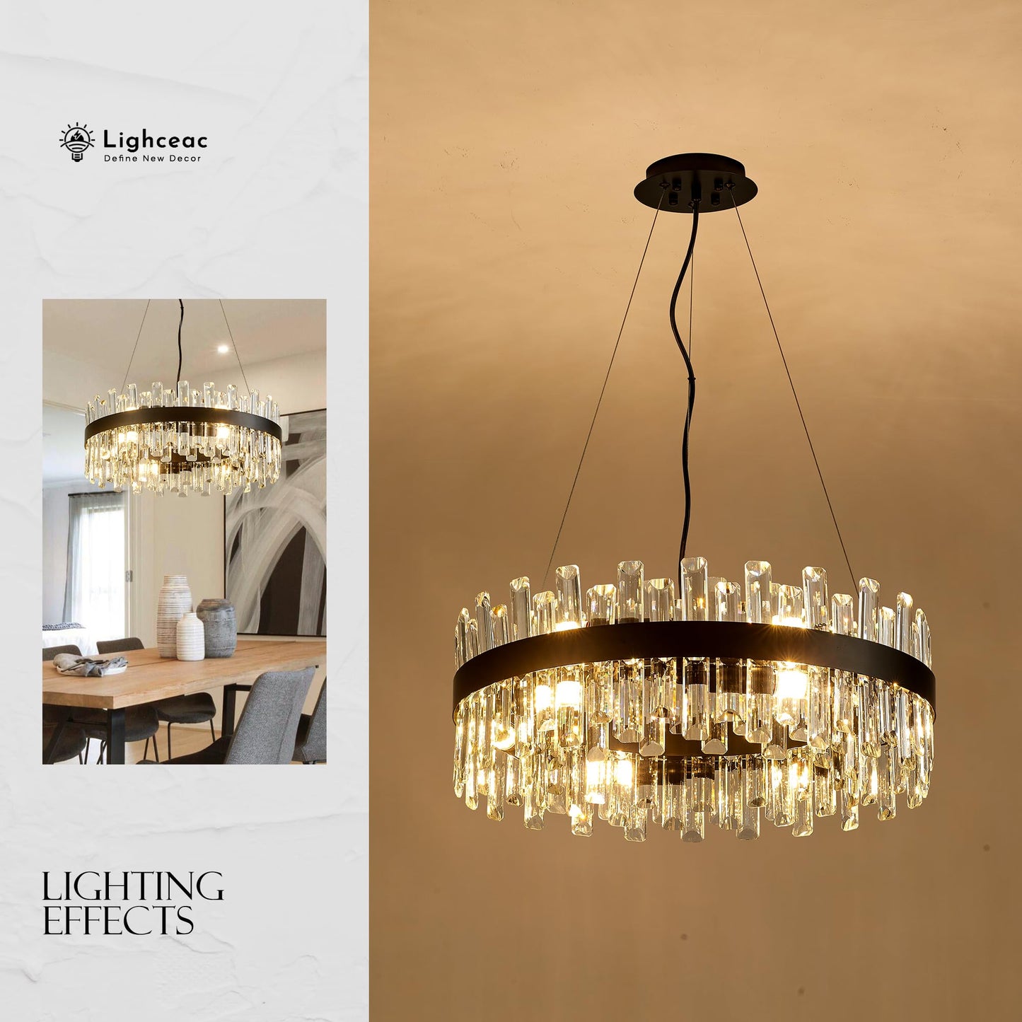 Lighceac 21.7 Black Modern Crystal Chandelier Light Fixtures stylish 2 Ring Crystal Chandeliers For Dining Room 12-Light Round Hanging Pendant Lighting For Living Room Kitchen Island Entryway Bedroom