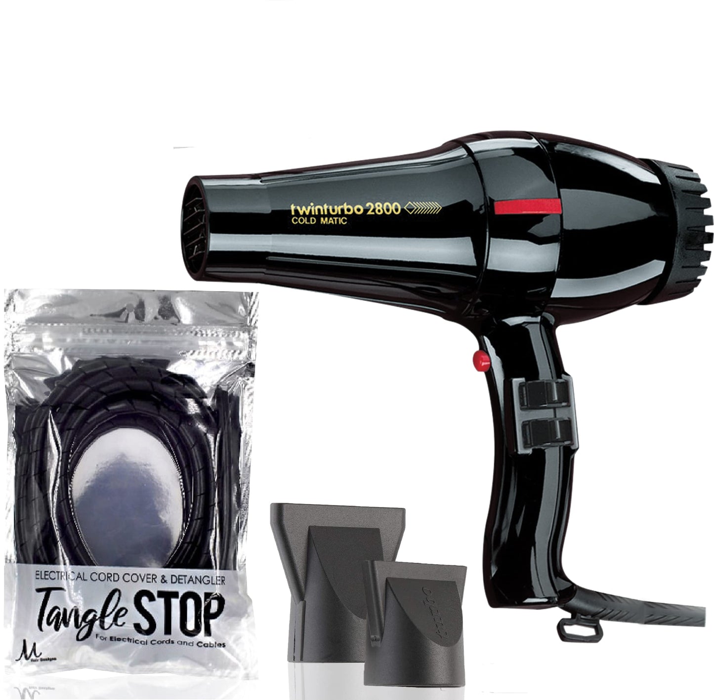 Turbo Power Twin Turbo 2800 Black Hair Dryer + M Hair Designs Tangle Stop Cord Detangler (Bundle) - Powerful Professional Blow D