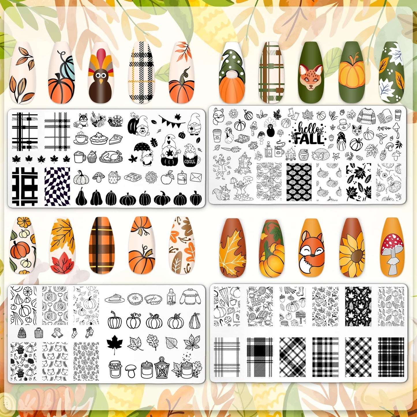 JarThenaAMCS 4Pcs Fall Nail Plates Stamping Set Pumpkin Leaf Gnome Stamp Templates Nail Art Plates for Autumn Harvest Thanksgivi