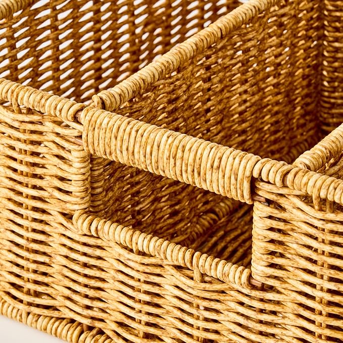 Utensil Holder for Party, Paper Plate Dispenser for Countertop, Silverware Caddy for Picnic, Cutlery Holder for Kitchen Camping Buffet, Wicker Basket with 6 Compartments