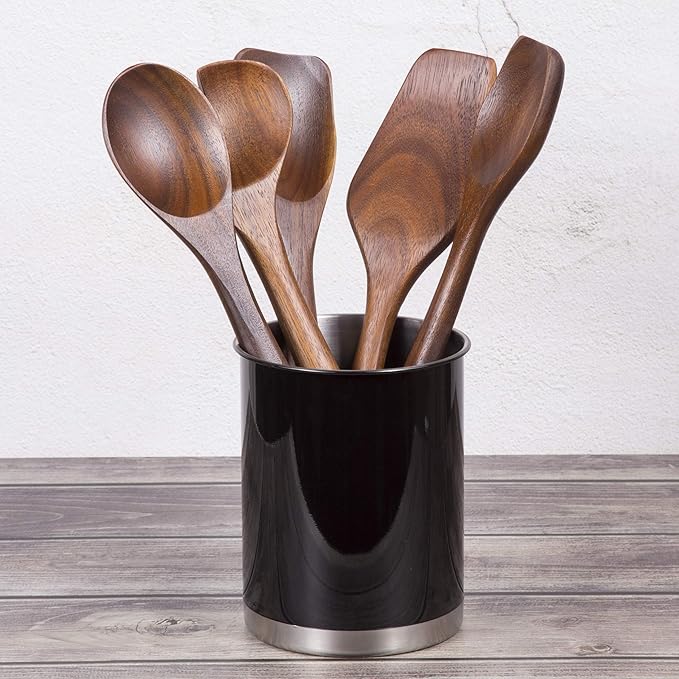 Creative Home Stainless Steel Utensil Holder– 6.3" Large Cooking Tool Organizer for Kitchen Decor and Countertop Storage, Stable Anti-Tip Design, Durable Powder-Coated Finish, Black