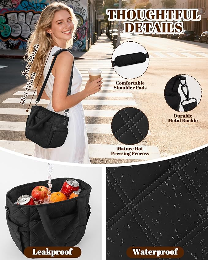 Insulated Lunch Box for Women Men, Soft & Puffy Lunch Bag, Large Capacity Leakproof Reusable Tote Cooler Bag with 4 Pockets, Adjustable Strap, Ideal for Work, Outdoors, Picnic, Travel (Black)