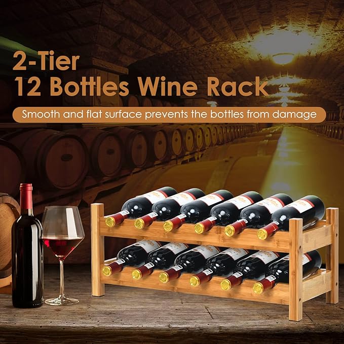 COSTWAY Wine Rack, Bamboo 12 Bottles 2-Tier Wine Display Rack for Countertop Home Kitchen Pantry, Freestanding Wine Storage, Rack Tabletop Wine Rack, Bar, Pantry, Cellar, Nature (24.5L x 9.5W x 10H)