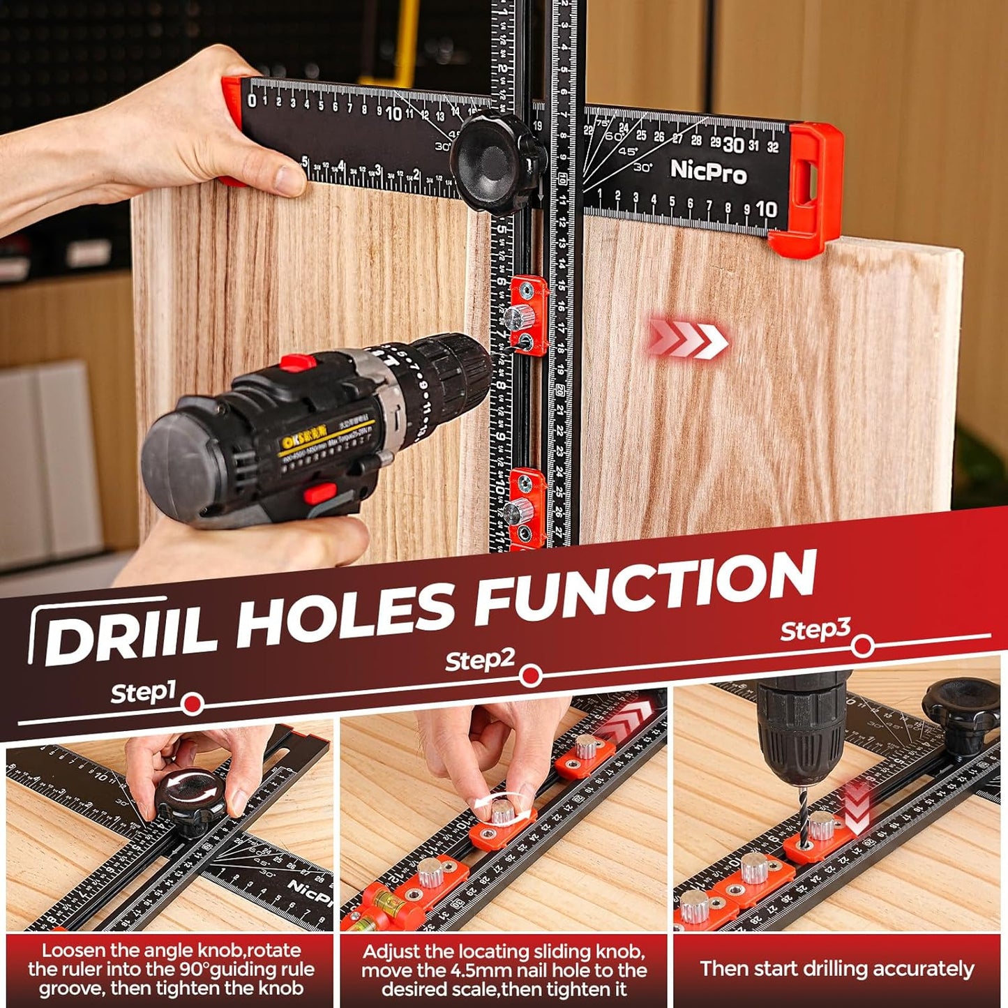 Nicpro 4-in-1 Drilling Positioning Scribing Ruler, Adjustable Multifunctional T Square Ruler with Carpenter Pencil, Carpenters Square Tools for Woodworking, Cabinet Drawer Door Hole Drilling Template