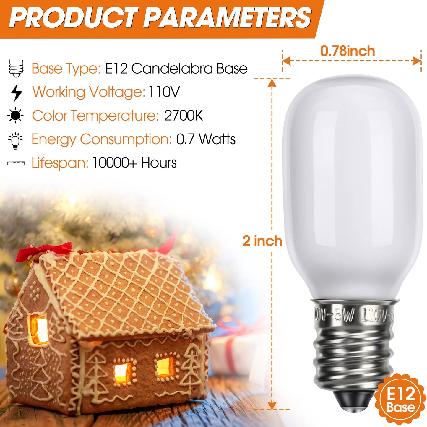 Meonum Christmas Village Replacement Light Bulbs  E12 Candelabra Base T20 Led Bulbs  0.7W 120V Replacement Light Accessories For Villages Houses  Christmas Tree  Halloween Pumpkin(24 Pieces)