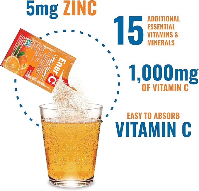 Ener-C - Vitamin C Immune Support, 1000mg Vitamin C Effervescent Multivitamin Drink Powder, Fruit Juice Vitamin C Drink Mix for Hydration with Electrolytes, Orange, 60 Packets (2-Pack)