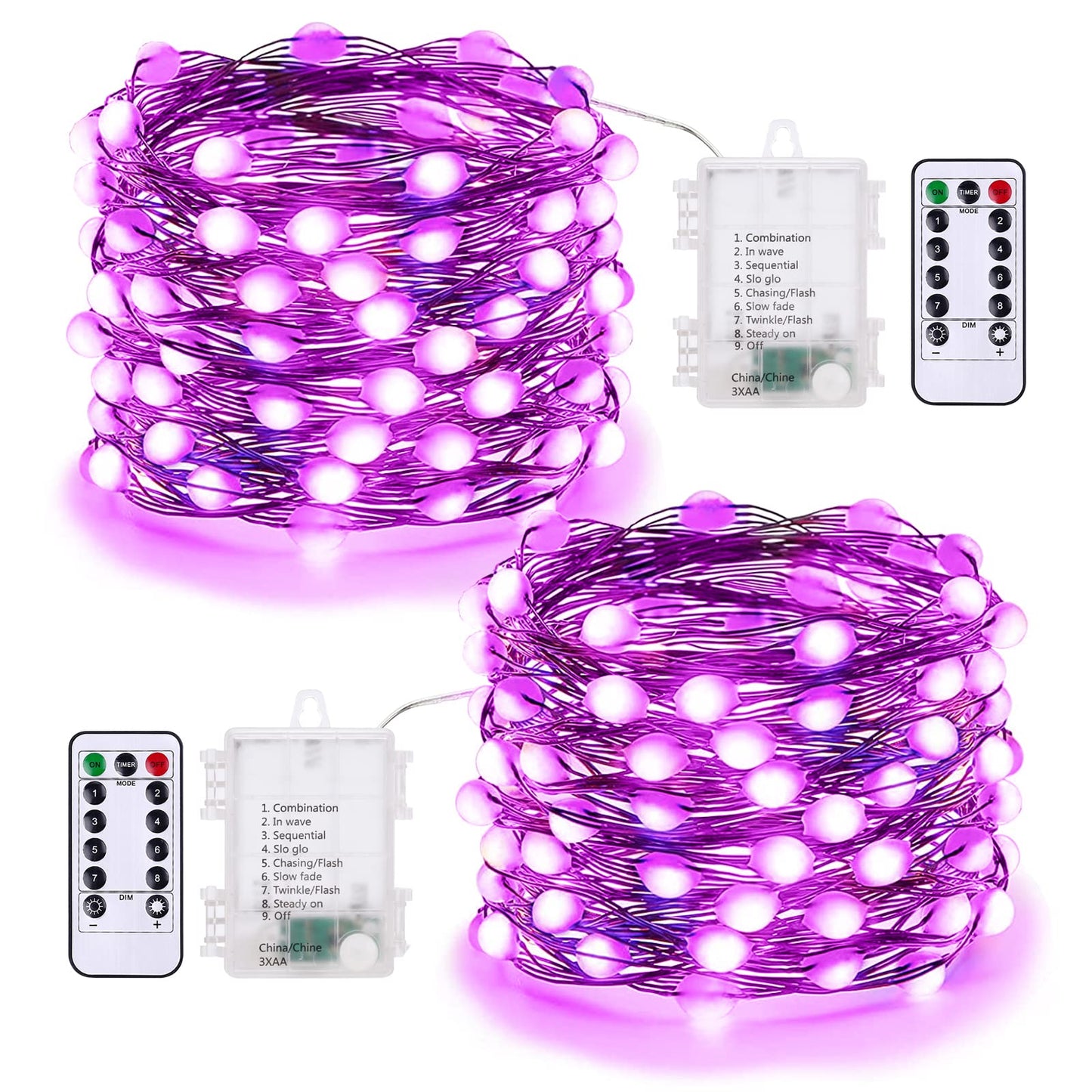 BrizLabs Purple Fairy Lights, 50 LED, 17.48ft, Remote Control, 8 Modes, Battery Operated, Indoor/Outdoor Decor, Model HU-XI-201