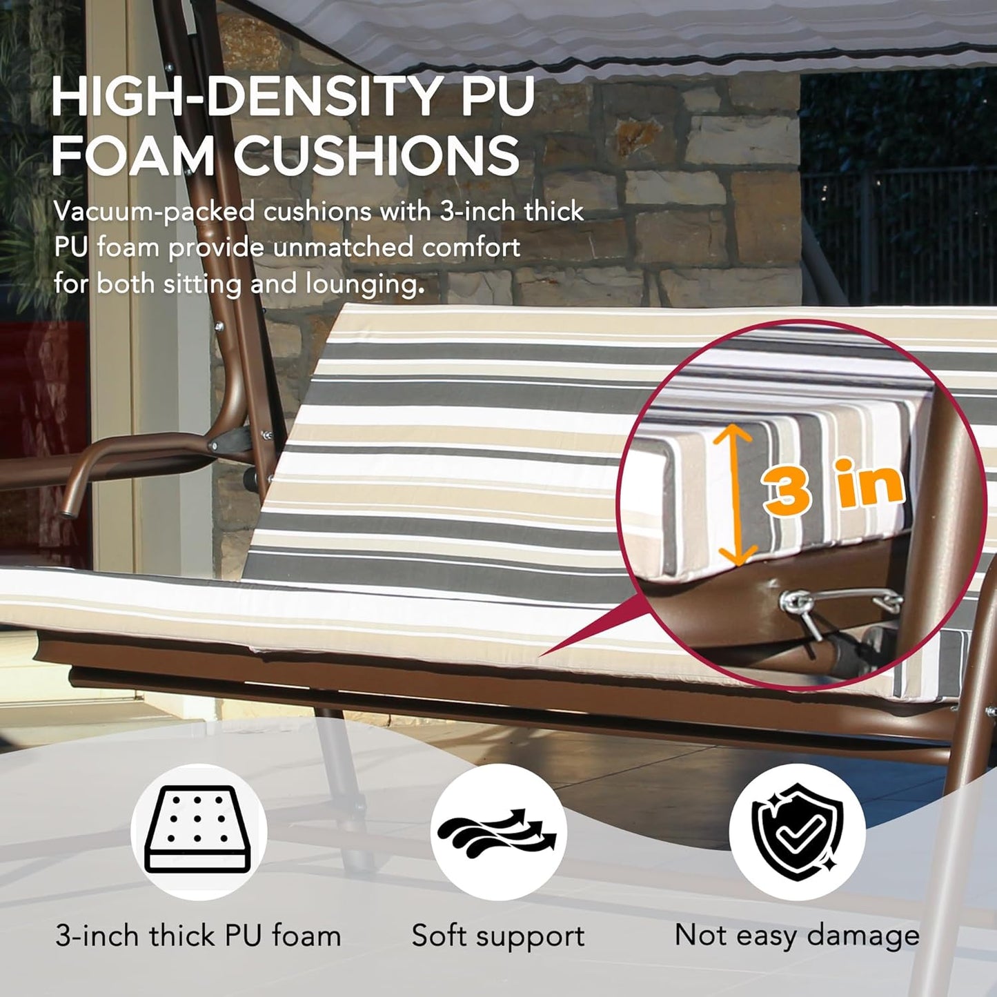 SUNJOY 3-4 Seat Luxury Outdoor Porch Swing, Steel Patio Swing with Elastic Metal Mesh Seat, Convertible Design, Cushion and Adjustable Canopy for Garden, Poolside, Backyard, Bronze - Made in Italy