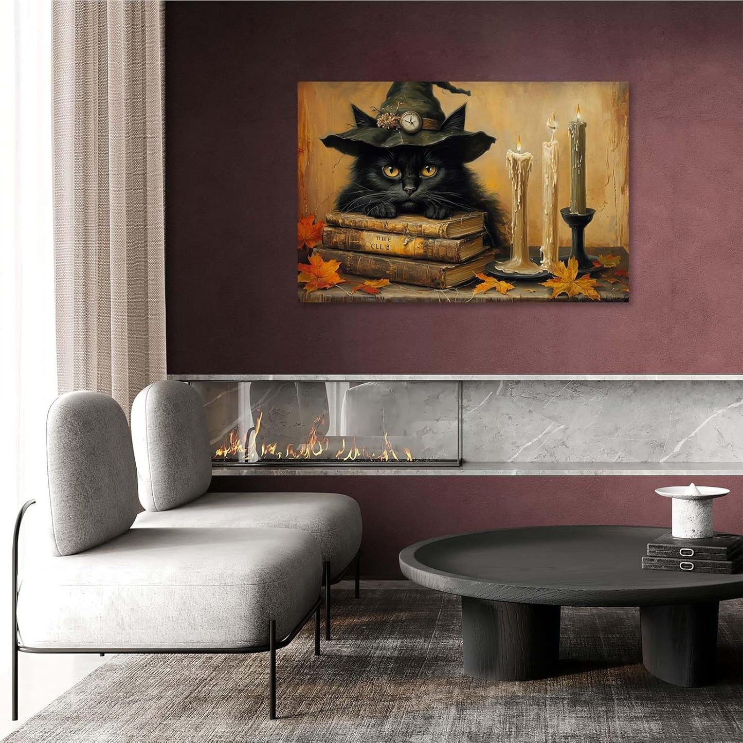 JFHCQJPK Vintage Halloween wall decoration black cat and magic book suitable for home bedroom living room decoration dark classic art witch wall decoration20x30in Frameless