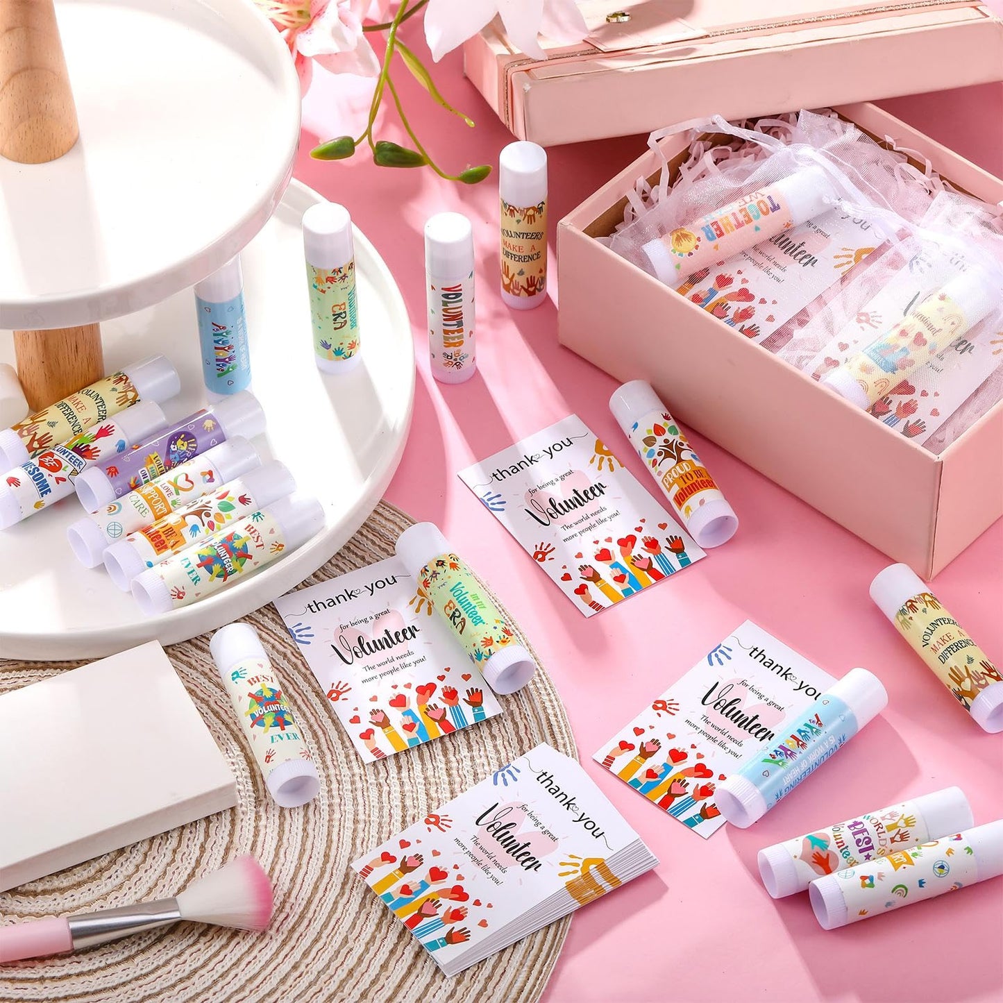 Heigble 36 Sets Volunteer Thank You Gift Lip Balm Thank You Tag Organza Bag Volunteer Appreciation Gifts for Birthday Christmas