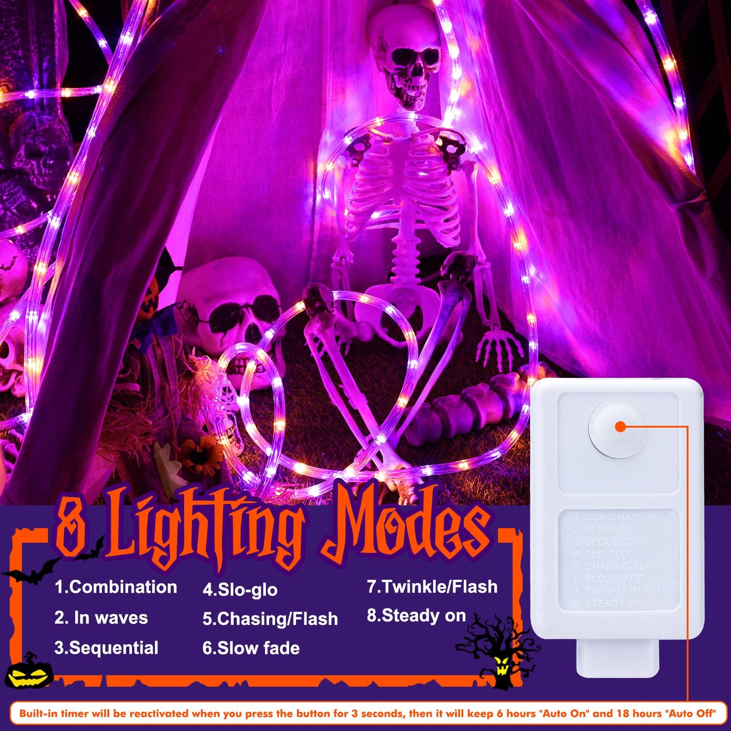 Jnaurb 50ft LED Rope Lights, Waterproof, 8 Modes, Flexible Tube Lighting, Orange & Purple
