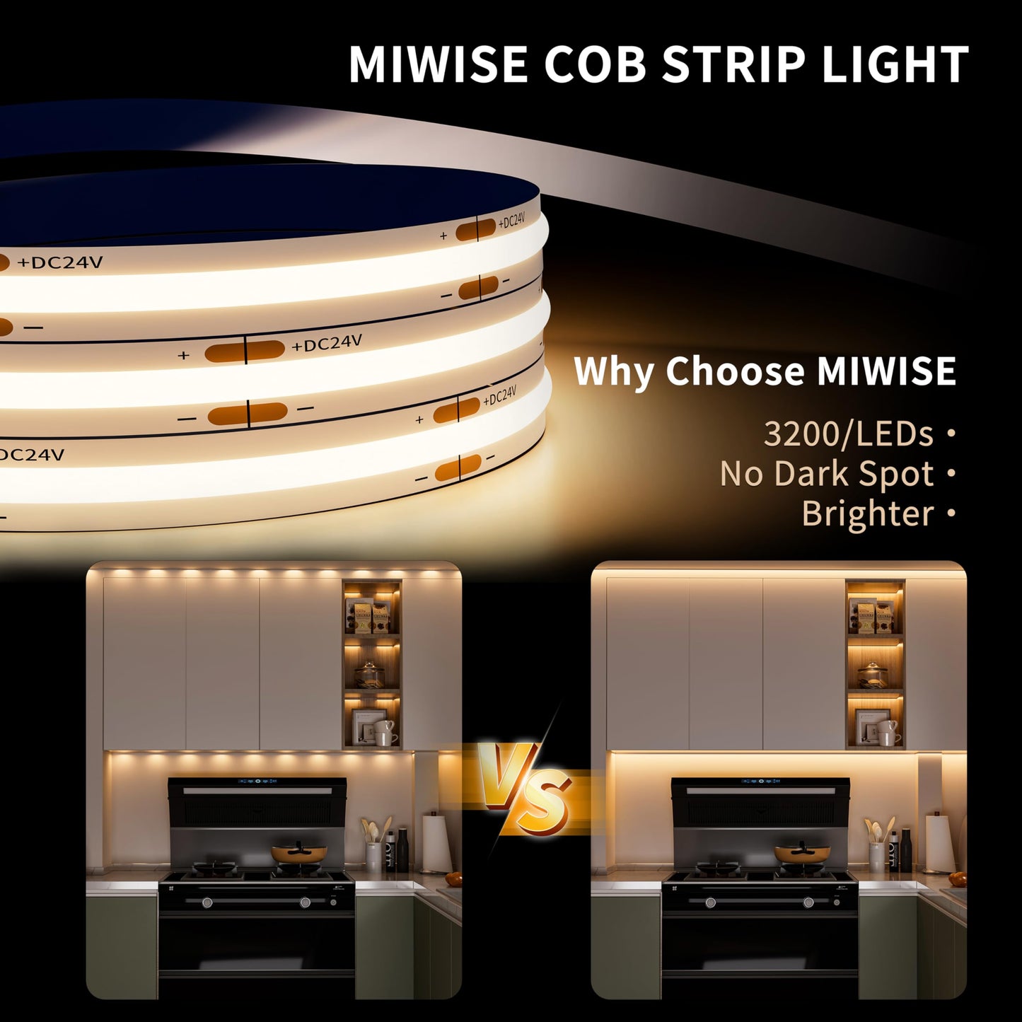 MIWISE COB LED Strip Light 32.8ft/10m,CRI 90+ Warm White 3000K High Lumen Dimmable Super Bright Flexible DC24V LED Tape Light with Controller/Dimmer,for Cabinet Home Office DIY Lighting Projects