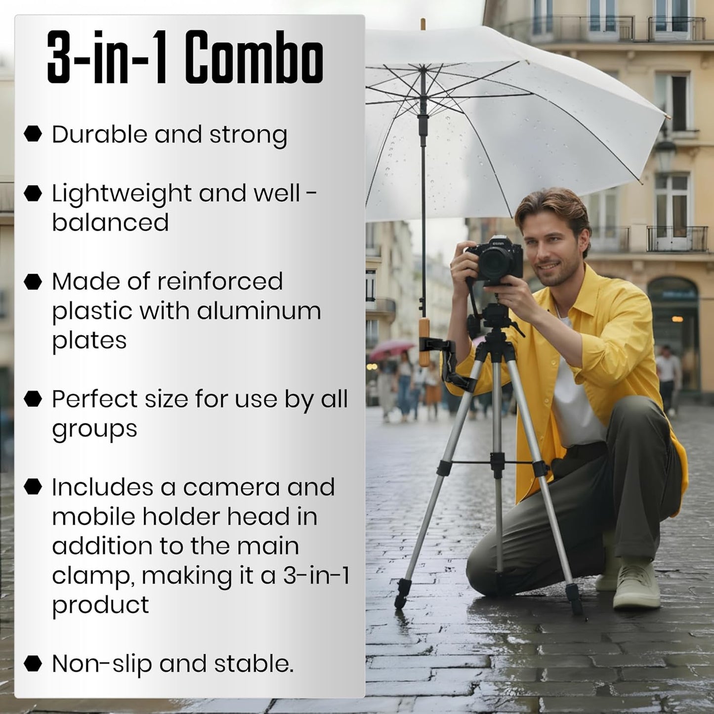 Premium 3-in-1 Umbrella Clamp for Chairs, Strollers, Boats & Kayaks Adjustable Mounting Bracket for Umbrella, Camera & Phone Durable Anti Slip Trolling Motor Stabilizer for Outdoor Hands Free Use