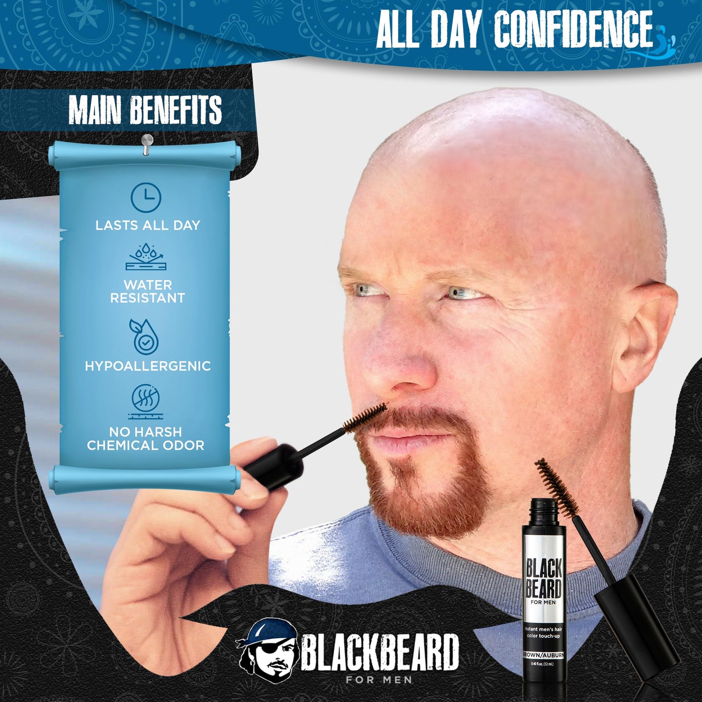 Blackbeard for Men Instant Beard Color - All Day Beard, Mustache, Eyebrow, and Sideburns Color - Temporary, Hypoallergenic Beard