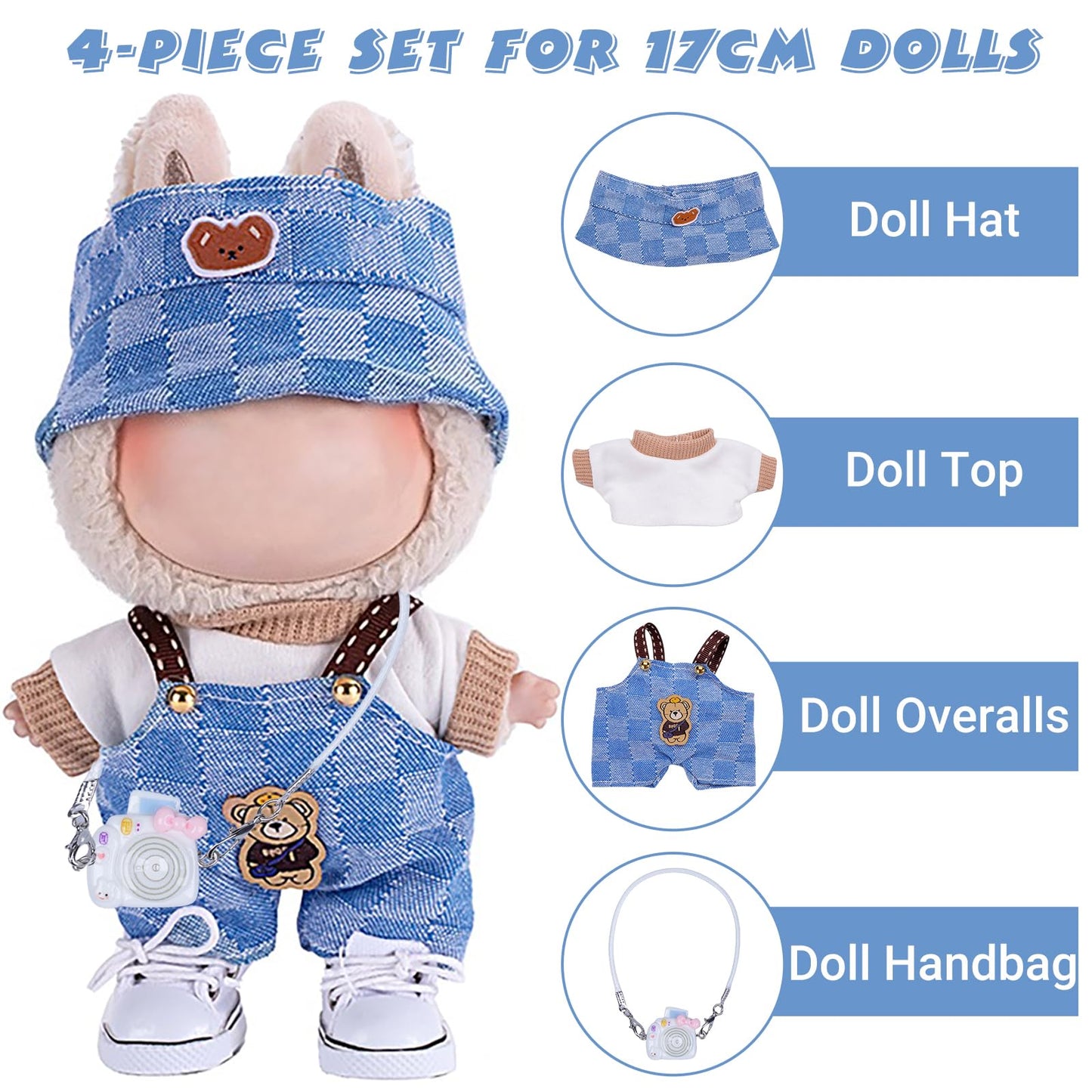4pcs Handcrafted Doll Clothes Set for 15cm/17cm Labubu Dolls (No Doll, No Shoes), Cute and Premium Outfits Accessories, Stylish Clothes for Boys Girls Birthday Collectors (Blue Overalls Set) AK053BL