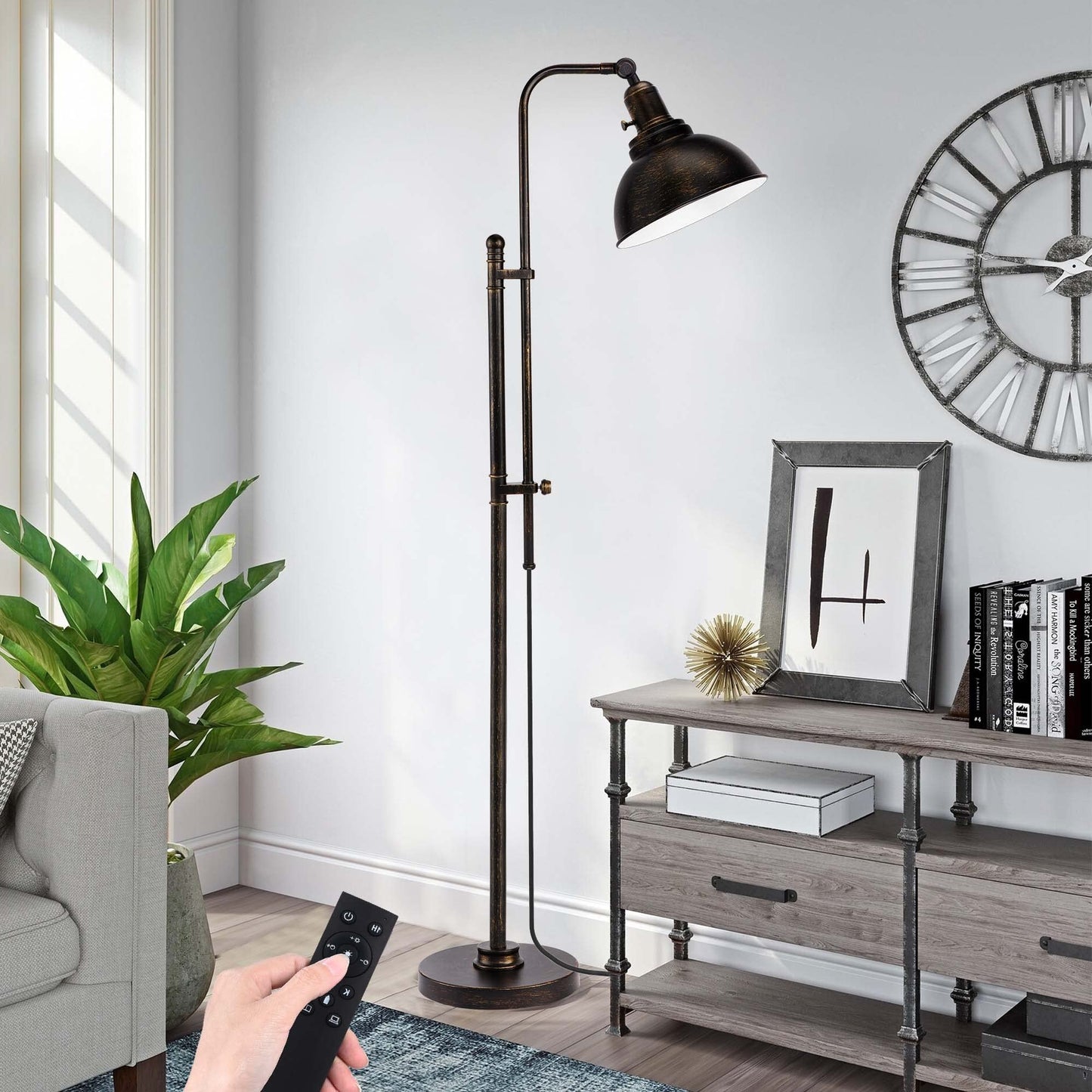 Partphoner Industrial Floor Lamp - Adjustable Rustic Black Metal Shade, Remote Control, Modern Design For Living Room, Bedroom, Office