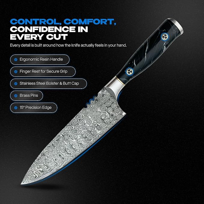Hand-Forged Damascus 8” Chef Knife with 133-Layer Blade - Premium Kitchen Knife for Daily Cooking, Balanced Handle for Control - Ideal Chefs Knife & Chef Gifts