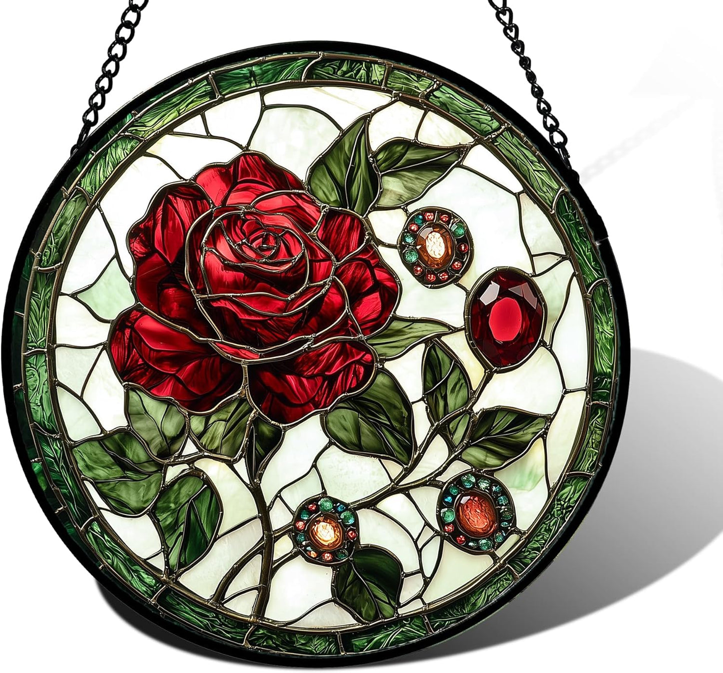 Stained Glass Window Hanging, Red Rose Gemstone Green Sun Catchers Diamond Glass Panel Hangings Suncatcher Decor for Birthday for Women, Men, Wife, Aunt, and Mom 11.8x11.8 in