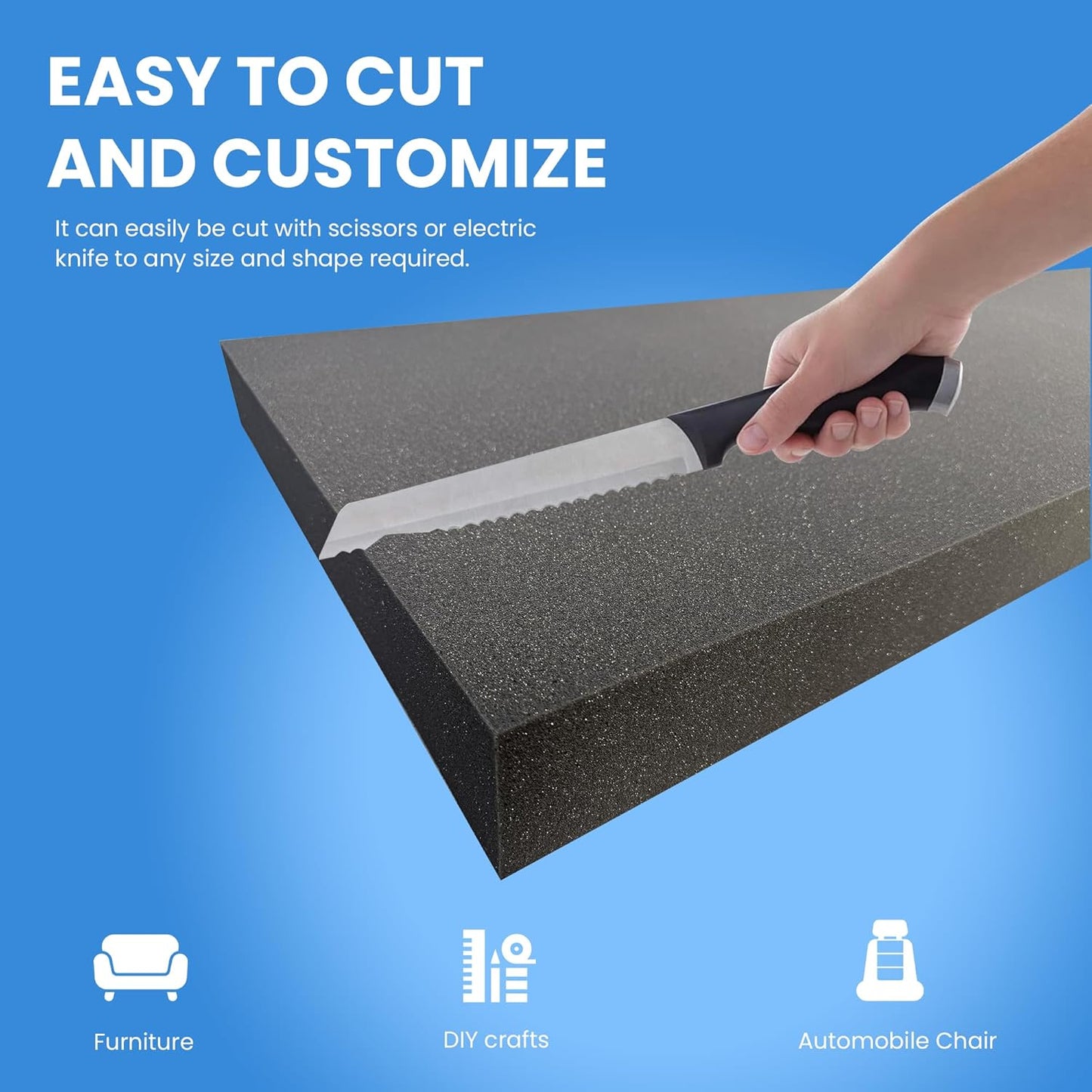 QOMFY 3" Height x 12" Width x 48" Length Charcoal Upholstery Foam Sheet | Made in USA | Multi-Purpose Foam for Upholstery, DIY, Packaging & Acoustic Projects