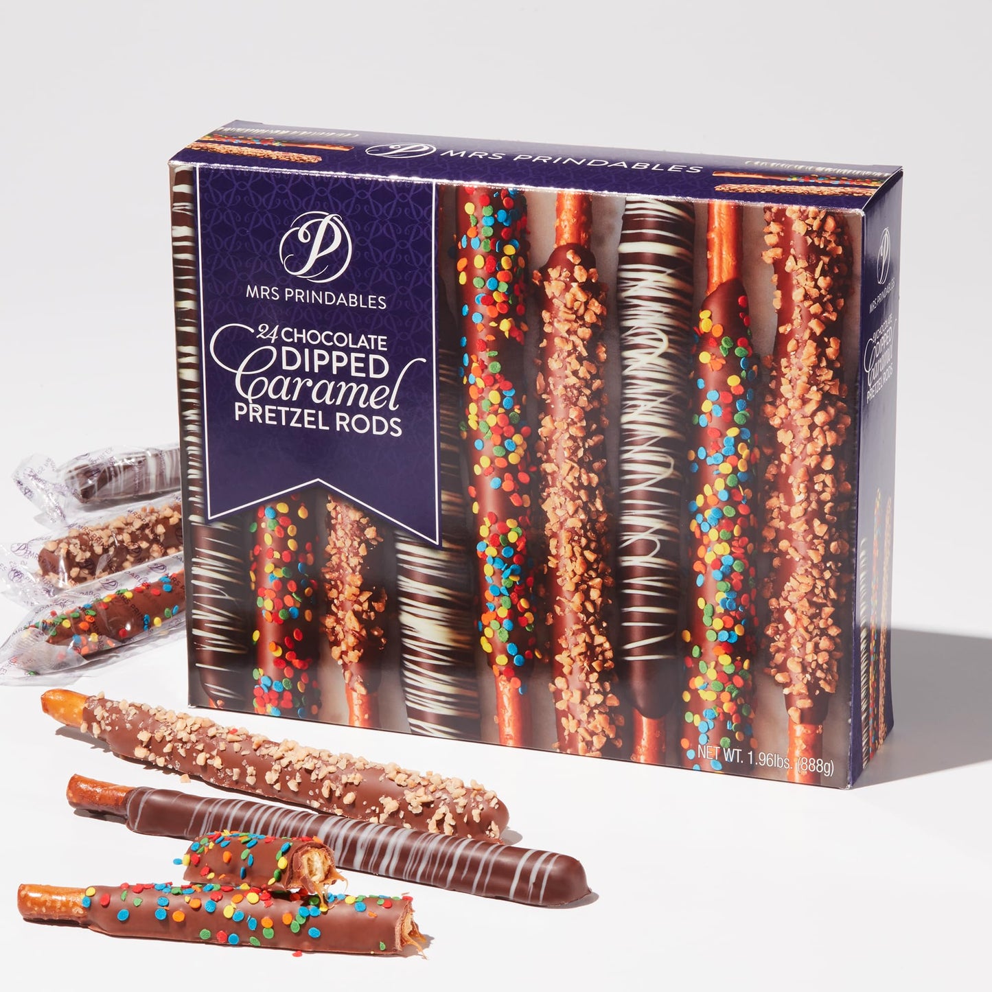 Mrs. Prindable's Chocolate Dipped Caramel Pretzel Rods, 24-Pack, 0.67 Ounce Each, White