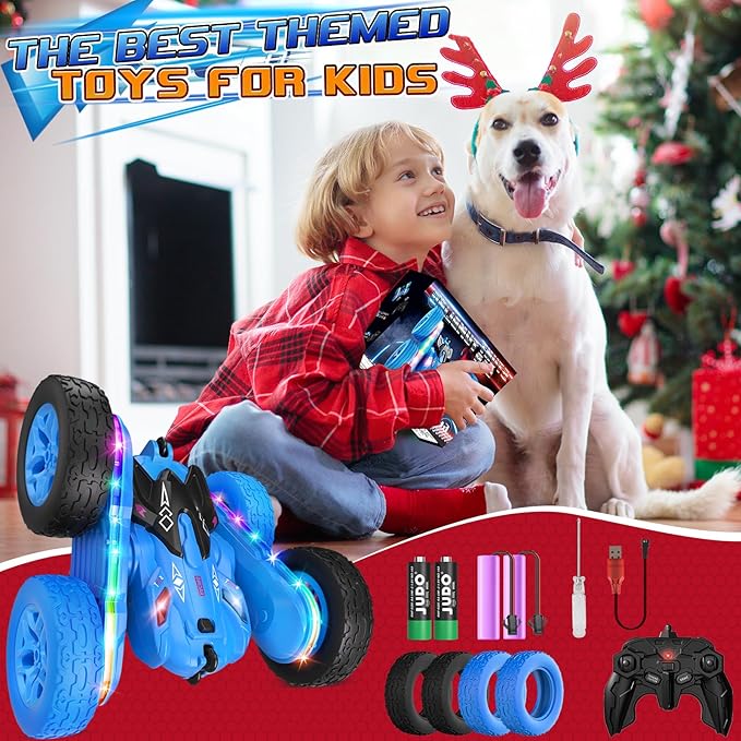Remote Control Car,RC Cars with Sides Light Strip and Headlights,Double Sided 360 Flips Rotating RC Stunt Car,2.4Ghz All Terrain Toys for Ages 4-8 Kids Toy for Boys Birthday Gift(Blue)